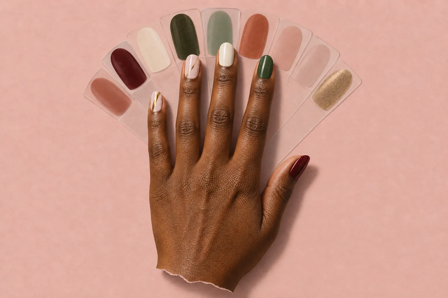 A hand with different nail designs, surrounded by a fan of possible colors and styles.