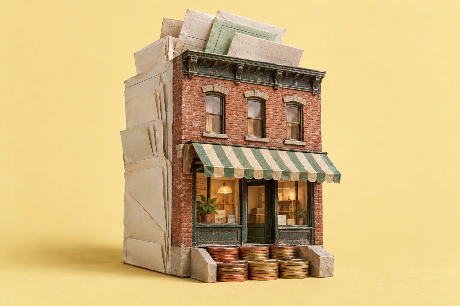 A New York storefront made from folded paperwork, with a foundation of stacked coins.