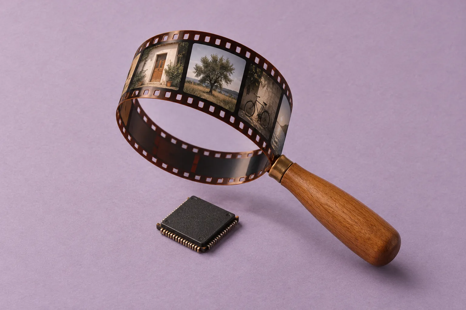 A film strip forms a magnifying glass above a small computer chip.